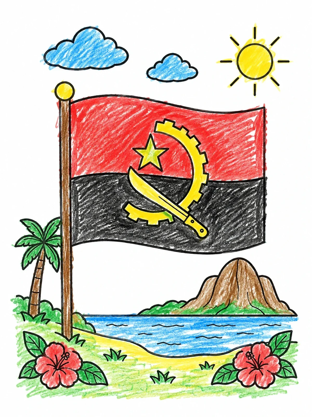 Colored example of the Angola Flag On Tropical Coast coloring page