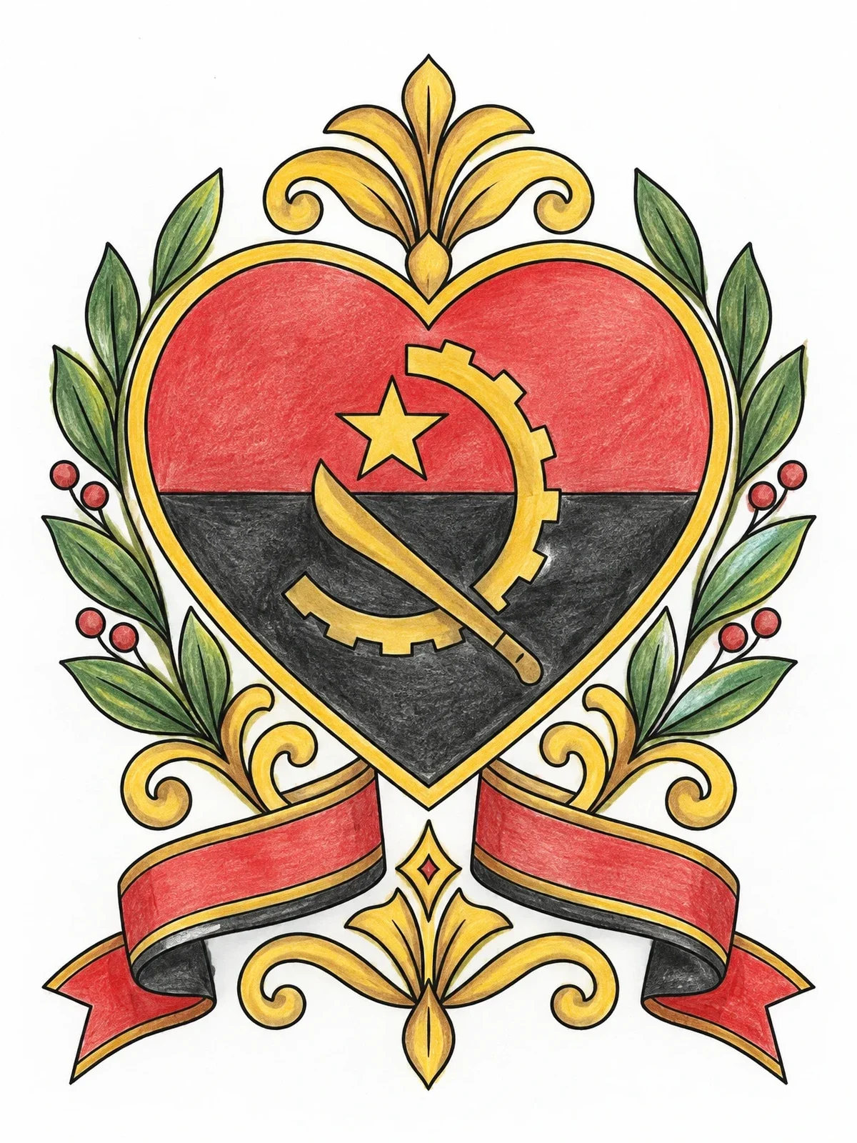 Colored example of the Angolan Heart Emblem With Ribbons coloring page