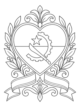 An ornate angola coloring page featuring a heart emblem, wreath, and ribbon.