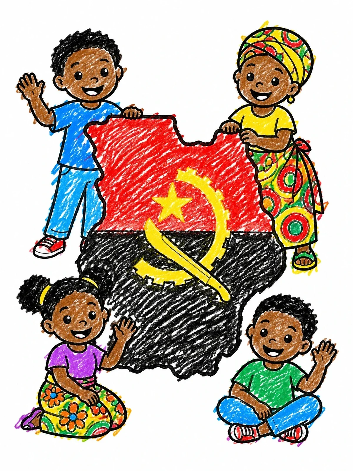 Colored example of the Angola Map And Cheerful Children coloring page