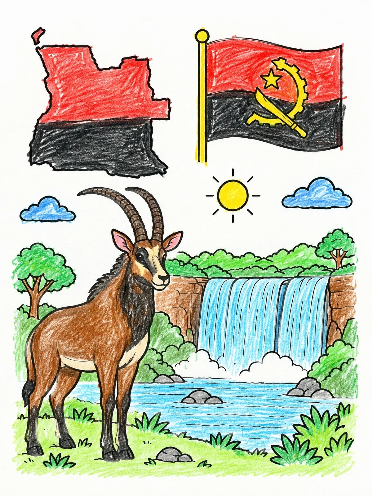 Colored example of the Angola Symbols And Giant Sable Antelope coloring page
