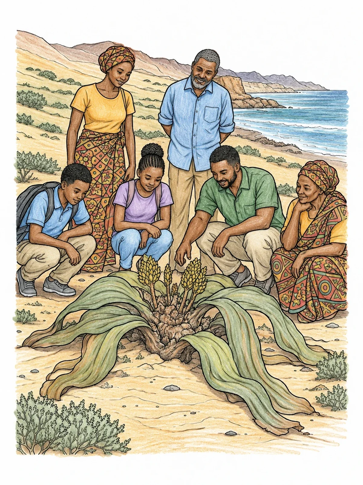 Colored example of the Family Observing Welwitschia In Angola coloring page