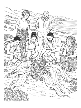 An angola coloring page featuring a family admiring a hardy Welwitschia mirabilis plant near the coast.