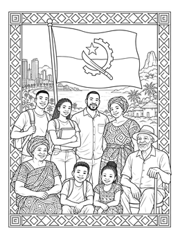 A multi-generational family stands proudly in this angola coloring page with the flag and Luanda skyline.