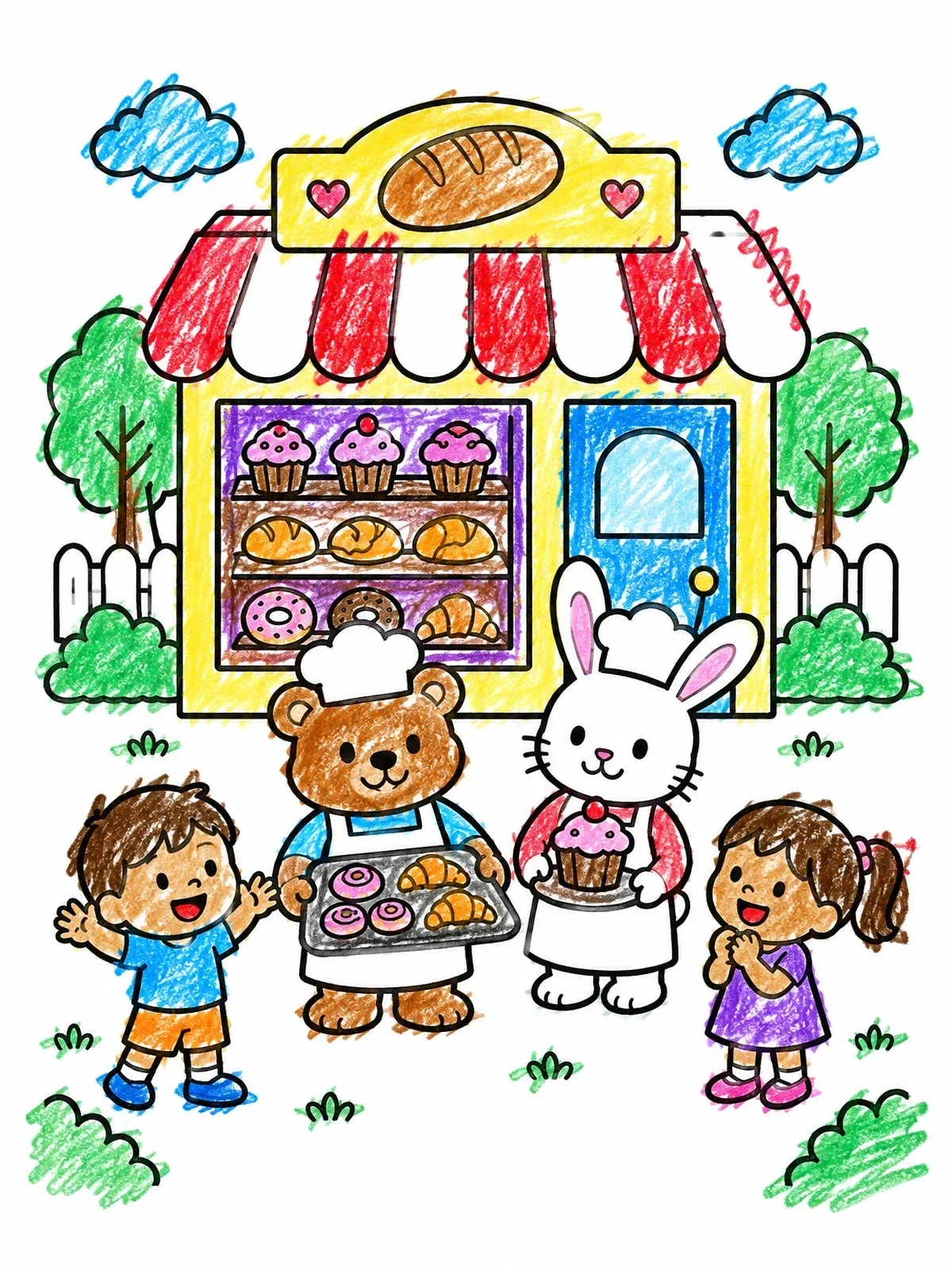 Colored example of the Animal Bakers Outside Cute Bakery Shop coloring page