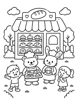 Free printable Animal Bakers Outside Cute Bakery Shop coloring page