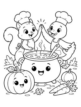 Free printable Animal Chefs Cooking Pumpkin Soup coloring page