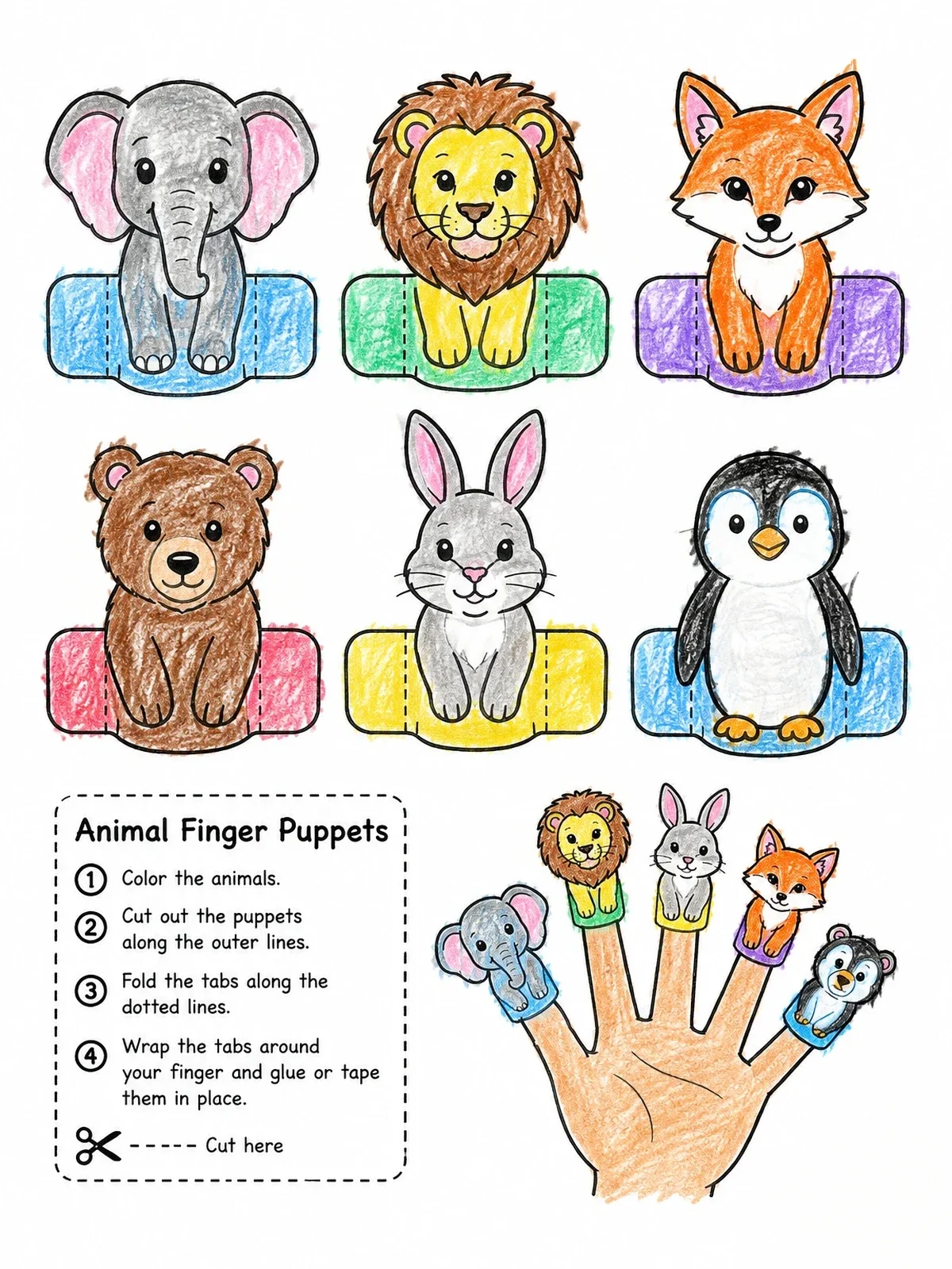 Colored example of the Animal Finger Puppets Craft Sheet coloring page