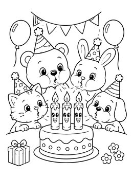 Free printable Animal Friends Blowing Birthday Candles coloring page