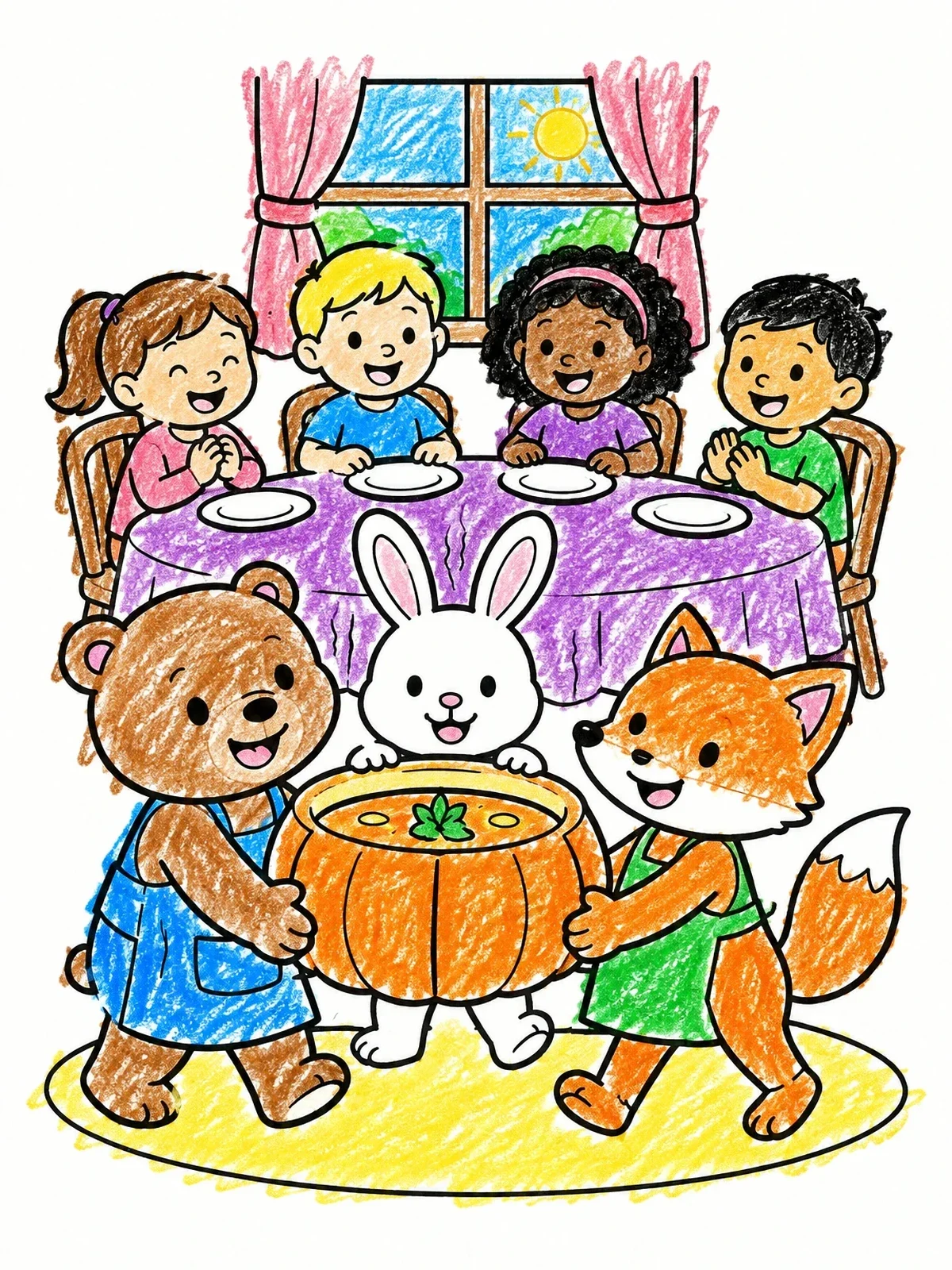 Colored example of the Animal Friends Serving Pumpkin Soup coloring page