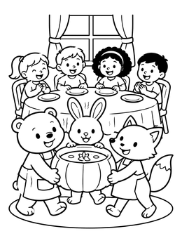 Animal friends serve soup in this pumpkin soup coloring page.