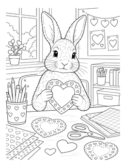 A sweet animal valentines coloring page with a bunny holding a paper heart craft at a desk.