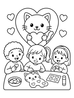 Kids decorate a cutout cat on this animal valentines coloring page.