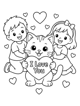 Free printable Children With Cute Valentine Kitten coloring page