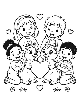 An animal valentines coloring page with two chipmunks holding a heart surrounded by four smiling children.