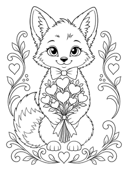 An adorable fox cub holds a heart bouquet in this animal valentines coloring page.