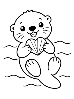 A cute animal valentines coloring page with an otter holding a heart shell.