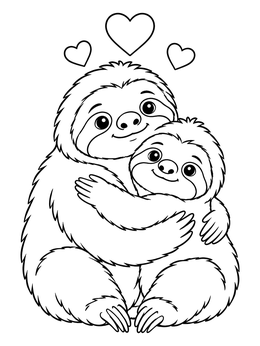 An animal valentines coloring page showing two cuddly sloths hugging under floating hearts.