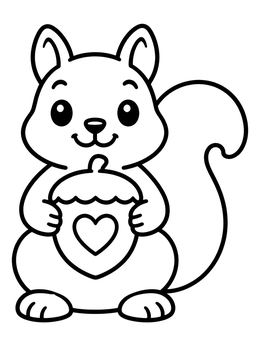 Free printable Cute Squirrel Holding Valentine Heart Acorn coloring page