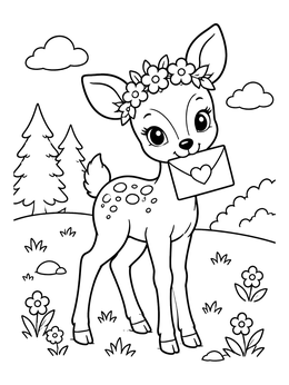 Free printable Fawn With Valentine Letter And Flowers coloring page