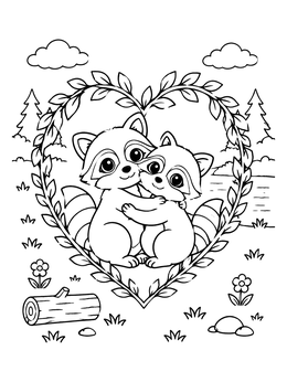 Free printable Hugging Raccoons In Heart Wreath coloring page