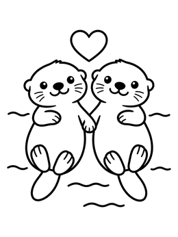 Free printable Sea Otters Holding Hands With Heart coloring page