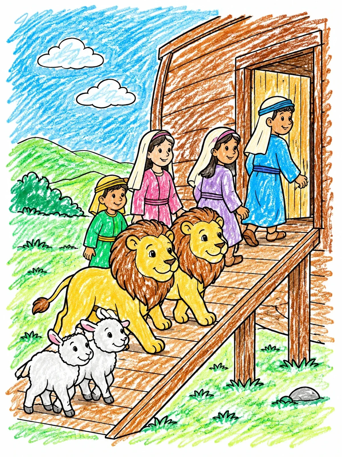 Colored example of the Animals And Family Boarding The Ark coloring page