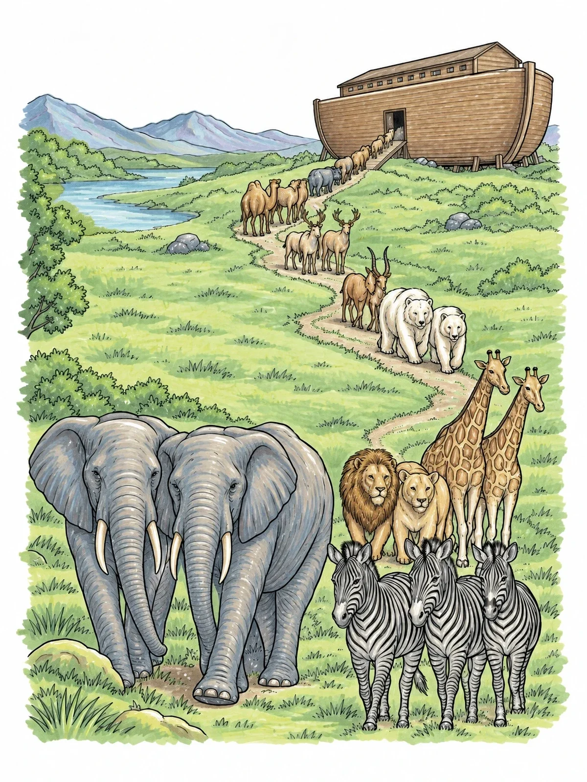 Colored example of the Animals Journey To Noah's Ark coloring page