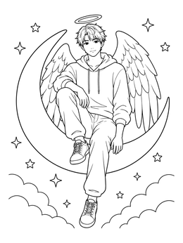 An angel anime coloring page with a winged boy resting on a crescent moon among stars.
