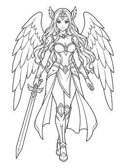 A celestial winged warrior woman in an angel anime coloring page with sword and armor.