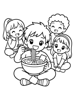 Free printable Anime Boy Eating Noodles With Friends coloring page