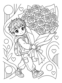 An anime valentines day coloring page featuring a cute boy carrying a giant bouquet of blooming roses.
