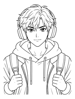 Free printable Anime Boy With Headphones And Backpack coloring page