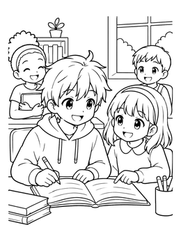 Free printable Anime Boy Studying In Classroom With Friends coloring page