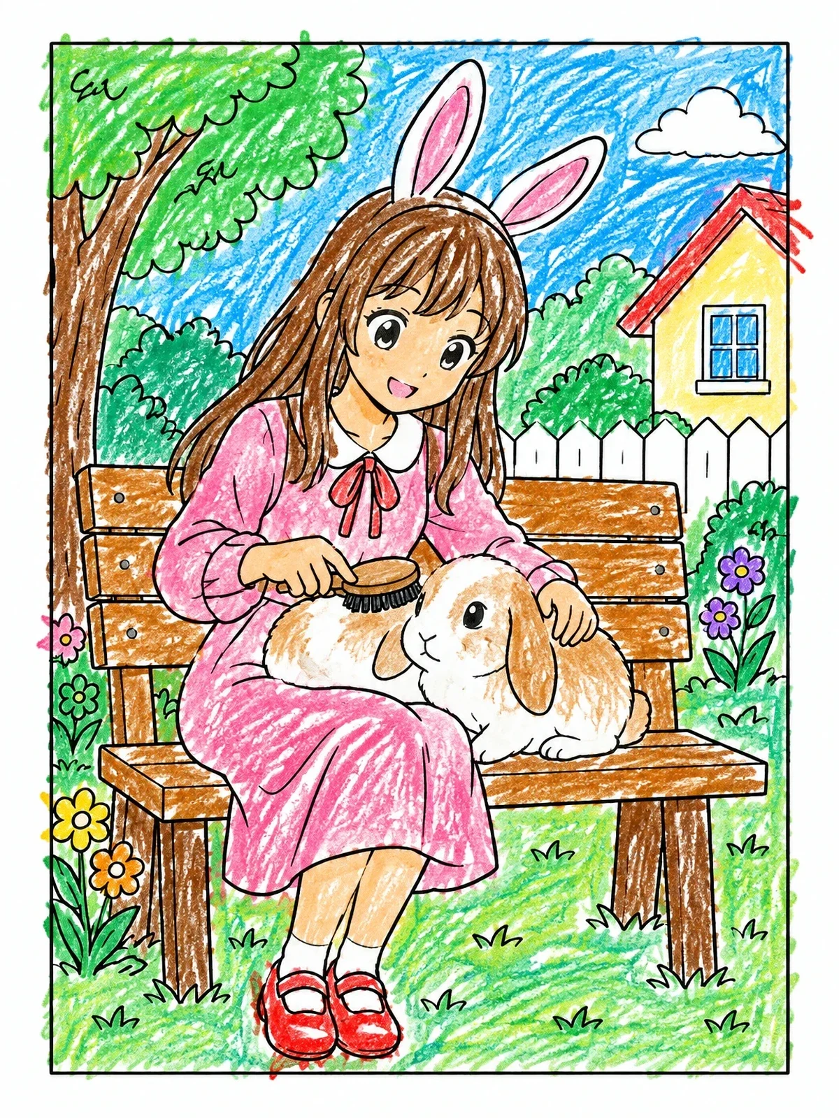 Colored example of the Anime Bunny Girl Brushing Rabbit coloring page