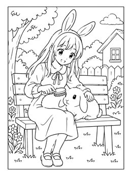Free printable Anime Bunny Girl Brushing Rabbit coloring page