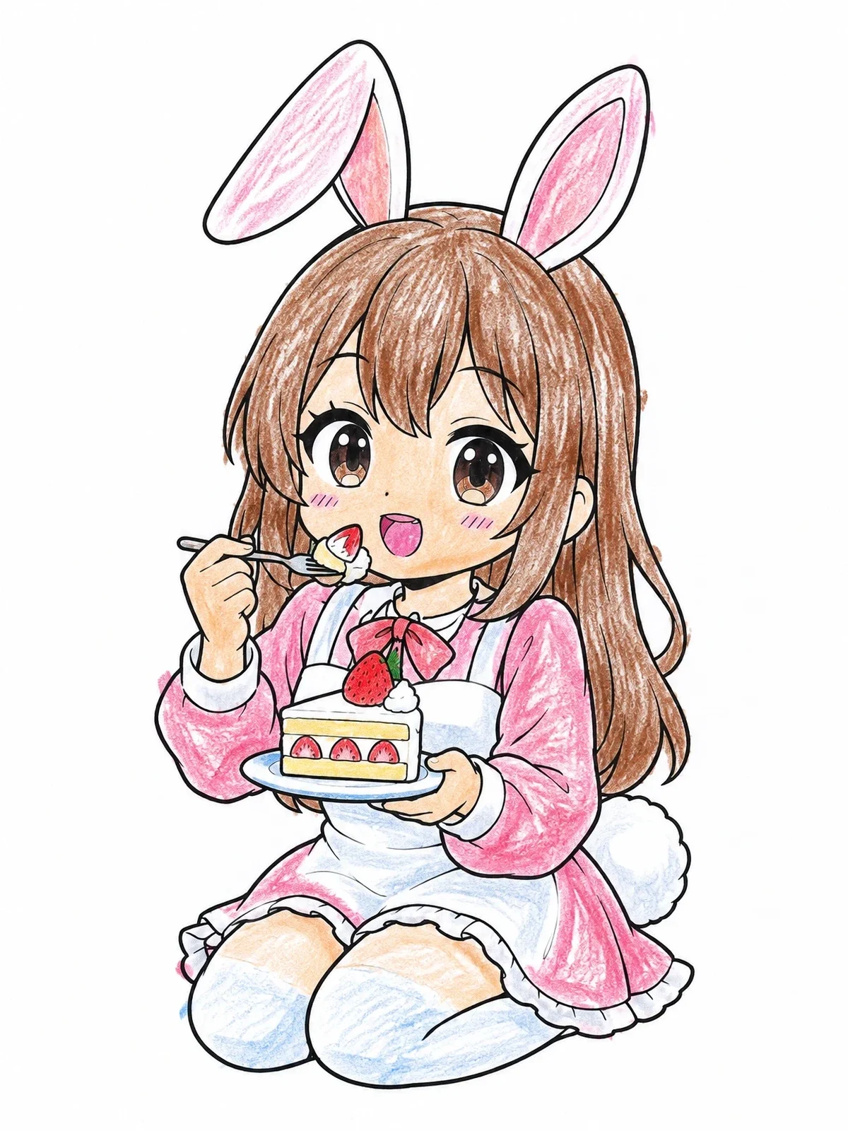 Colored example of the Chibi Bunny Girl Eating Cake coloring page