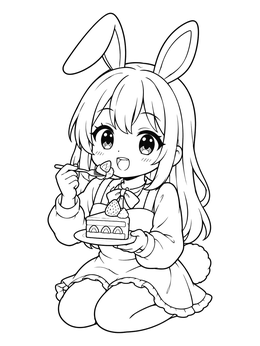 Free printable Chibi Bunny Girl Eating Cake coloring page