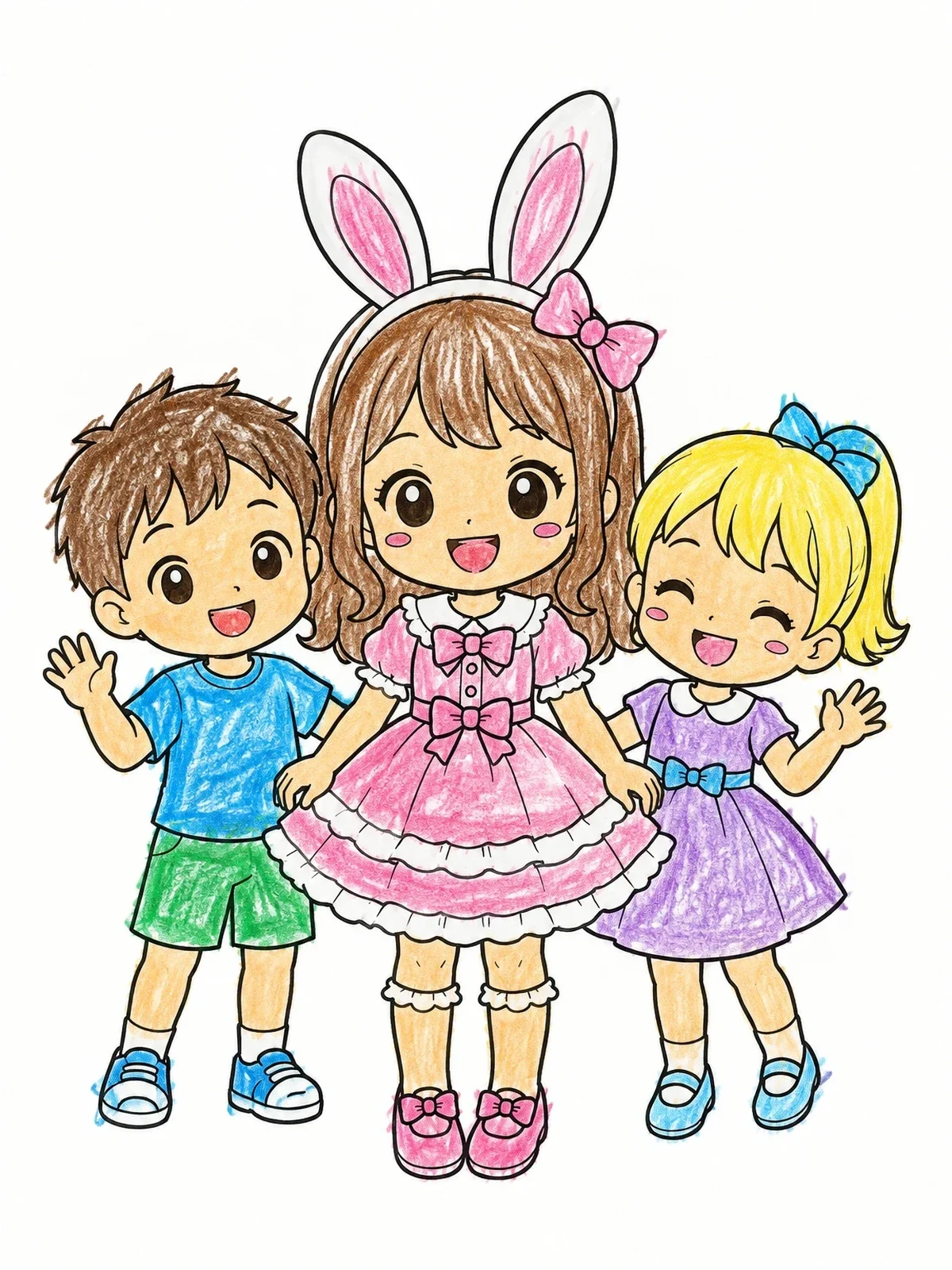 Colored example of the Cute Bunny Girl And Waving Friends coloring page