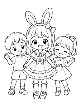 Free printable Cute Bunny Girl And Waving Friends coloring page