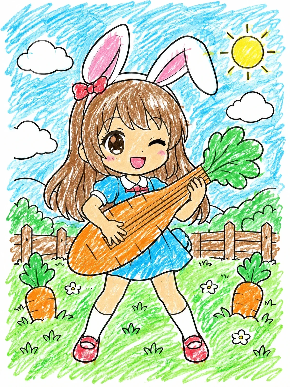 Colored example of the Cute Anime Bunny Girl Playing Carrot Guitar coloring page
