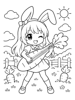 Free printable Cute Anime Bunny Girl Playing Carrot Guitar coloring page