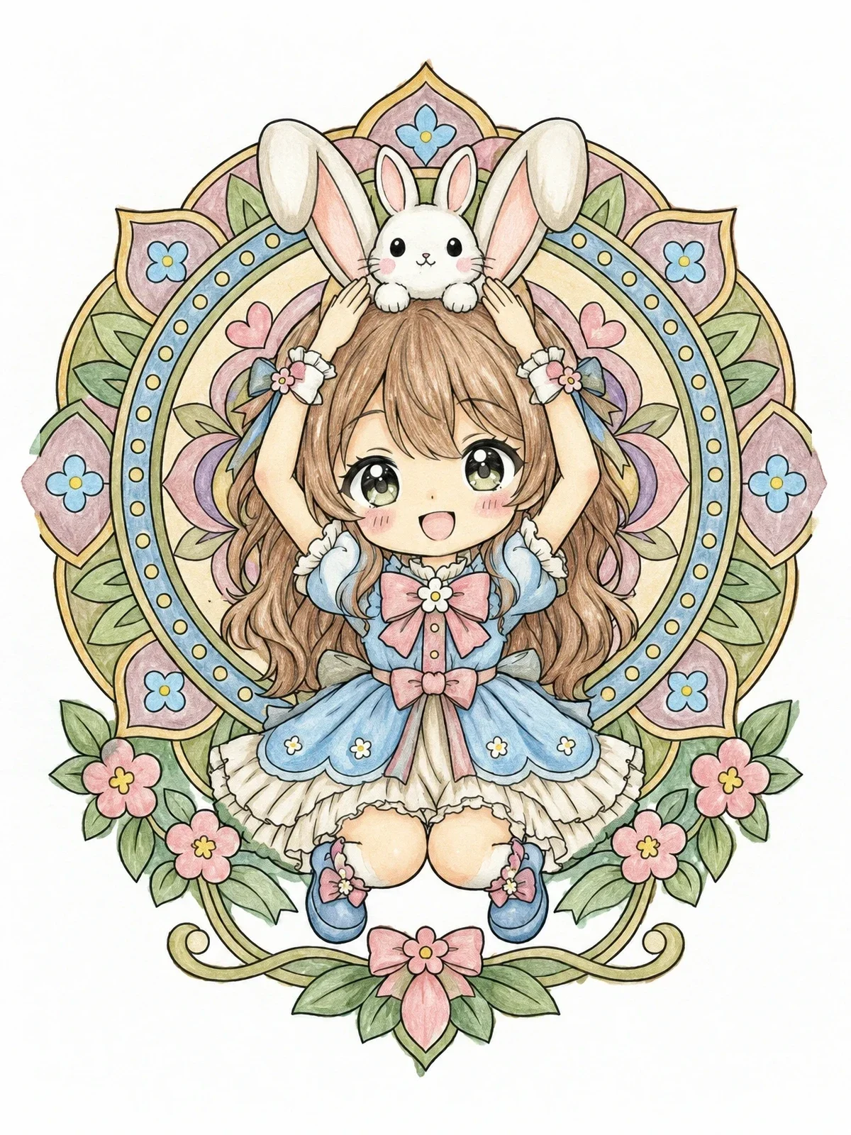 Colored example of the Cute Chibi Bunny Girl With Mandala coloring page