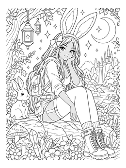 Free printable Anime Bunny Girl In Fantasy Forest coloring page