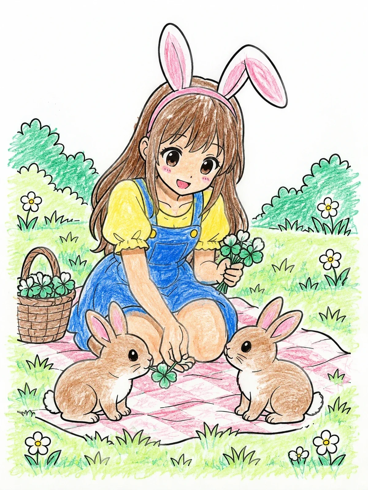 Colored example of the Anime Bunny Girl Feeding Little Rabbits coloring page