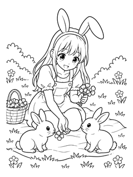 Free printable Anime Bunny Girl Feeding Little Rabbits coloring page