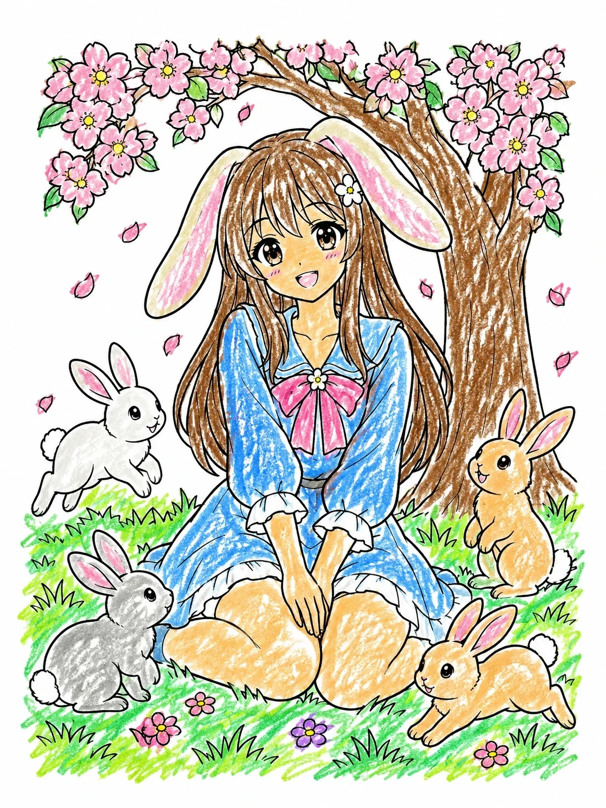 Colored example of the Anime Bunny Girl With Rabbits coloring page