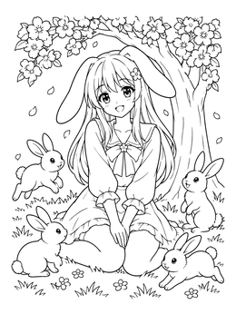 Free printable Anime Bunny Girl With Rabbits coloring page