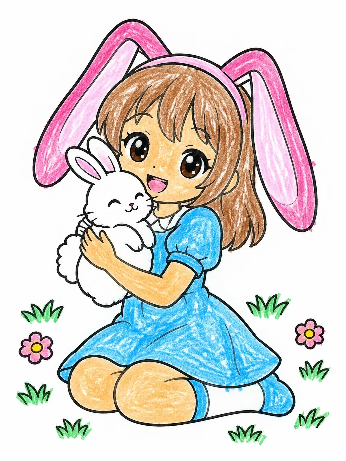 Colored example of the Anime Bunny Girl Cuddling Rabbit coloring page