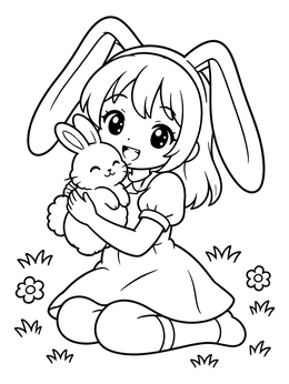 Free printable Anime Bunny Girl Cuddling Rabbit coloring page